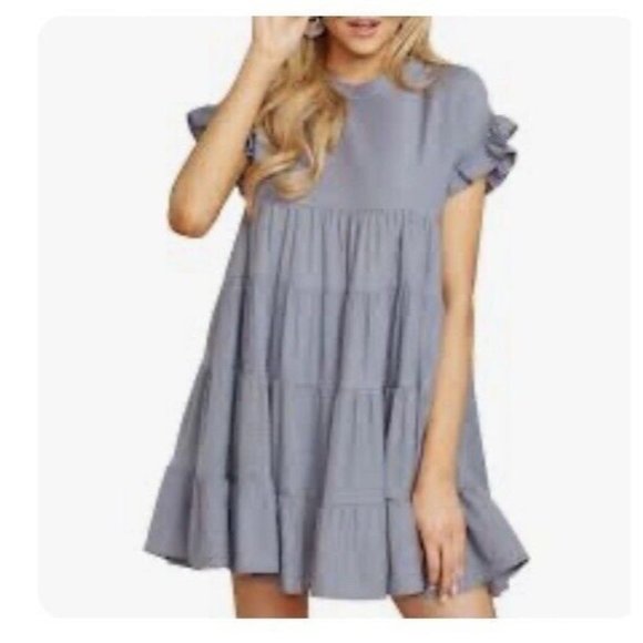 Joteisy Babydoll Dress Size Medium Gray Ruffle Short Sleeves Lined Keyhole Back - Picture 13 of 13